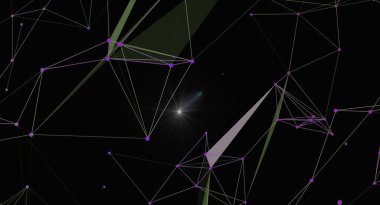 Mor düğümler ve ışık kaynağıyla soyut geleceksel ağ bağlantısı. Dijital bağlantı, veri iletişimi ve modern teknolojiyi resmediyor. Bilim, teknoloji ve tasarımla ilgili projeler için mükemmel..