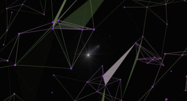 Karmaşık pleksus yapısına sahip, birbirine bağlı çizgiler ve düğümlerle karanlık bir zemin oluşturan modern bir soyut görüntü. Geometrik ağ ve parlayan merkez noktası bağlantı, teknoloji ve geleceksel tasarım öneriyor..