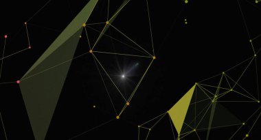 Noktaları ve çizgileri birleştiren soyut geometrik arkaplan. Basit teknoloji grafik tasarımı. Ağ bağlantısı kavramı. Dijital fütüristik çizim. Siyah zemin üzerinde altın bağlantılı çizgiler, noktalar ve parlak ışık ile çokgen desen.