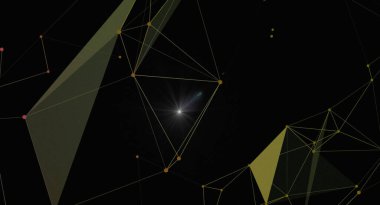 Parlak ışık ile soyut geometrik ağ arkaplanı. Bağlantı yapısı olan çokgen üçgenler ve siyaha parlayan noktalar. Teknoloji veya bilim konsepti için gelecekçi dijital tasarım.