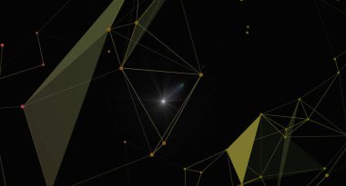 Çizgilerle birbirine bağlı parlayan düğümlere sahip dijital soyut bir ağ, siyah bir arkaplan karşısında geometrik şekiller oluşturuyor. Tasarım bağlantı, veri akışı ve gelecekteki teknoloji kavramlarını öneriyor..