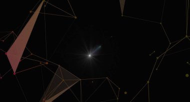 Karanlık bir arkaplan üzerinde merkezi parlak bir yıldız veya ışık kaynağına sahip soyut geometrik ağ arkaplanı. Teknoloji veya gelecek kavramları için çizgileri ve noktaları birleştiren modern çokgen tasarım.
