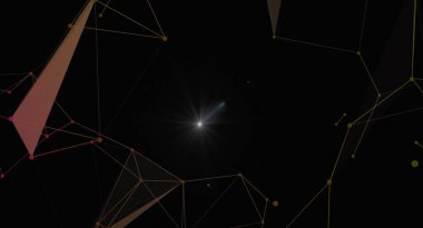 Çokgen şekiller ve ışık parlamalarının yer aldığı soyut bir karanlık arka plan, modern ve geleceksel bir his yaratıyor. Tasarım geometrik elementler, birbirine bağlı çizgiler ve parlayan noktalar içerir, ağlar, teknoloji ve karmaşık sistemleri önerir. İdeal