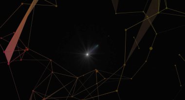 Karanlık bir zemin üzerinde parlayan merkez ışığı olan soyut geometrik ağ. Teknolojiyi, bağlantıları, verileri ve gelecekteki kavramları temsil eder. Sunumlar, web siteleri ve grafik tasarım projeleri için ideal.