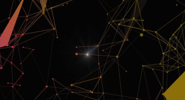 Bağlı çizgiler ve düğümlerle soyut geometrik arkaplan. Bilim, teknoloji ya da ağ kavramları için geleceksel tasarım. Karanlık bir zemin üzerinde modern bir iletişim yapısının vektör çizimi, dijital sunumlar ve duvar kağıtları için mükemmel