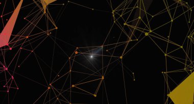 Parlayan düğümler ve geometrik şekillerle bir ağ bağlantısı içeren soyut bir illüstrasyon. Görüntü teknoloji, veri, dijital iletişim ve bilimsel gelişim temalarını iletir. Ön plan veya görsel öge olarak kullanılabilir