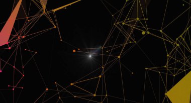 Siyah bir arkaplan karşısında altın çizgiler ve veri göstergelerine sahip bir ağ bağlantısına sahip modern soyut bir arkaplan. Teknoloji, bilim ve gelecek temalar için idealdir. Geometrik tasarım ve parlayan elementler bir bağlantı hissi yaratır.