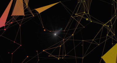 Birbirine bağlı düğüm ve çizgilerin yer aldığı modern soyut bir arkaplan ağ bağlantısı yaratıyor. Tasarım, karanlık bir arka planda ışıldayan ışık noktalarıyla teknoloji, bilim ve geleceksel iletişimi çağrıştırıyor..