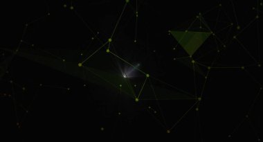 Parlak ağ bağlantıları olan soyut arkaplan. Karanlık bir zemin üzerinde noktalar ve çizgiler olan gelecek tasarımı. Verileri, teknolojiyi ve iletişim ağlarını temsil eder.