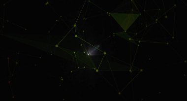 Karanlık bir arkaplana bağlı nokta ve çizgilerin yer aldığı soyut bir dijital illüstrasyon. Bağlantılar ağı fütüristik ve teknolojik bir his yaratır, parlak bir ışık parlaması görüntüye bir odak noktası ekler. Bilim için ideal.