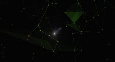 Çokgen şekilli ve ağ bağlantı hatlı soyut teknoloji arka planı. Parlayan yıldız ışığı efektli modern, fütüristik ve dijital bir konsept tasarımı. Bilim ve teknolojiyle ilgili projeler için mükemmel..