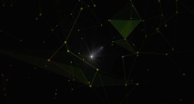 Parlak bir merkez noktası olan soyut ağ bağlantısı arkaplanı, bir bağlantı ve teknolojik gelişme hissi yaratıyor. Karanlık tema parlayan çizgi ve düğümlerin görsel etkisini arttırır.