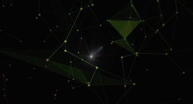 Siyah zemin üzerinde parlak merkezi bir parıltıyla yeşil bir pleksus ağ yapısı. Resim birbirine bağlı noktalar ve çizgiler içeriyor, karmaşık ve fütüristik bir his yaratıyor. Bilim, teknoloji veya soyut tasarım projeleri için ideal.