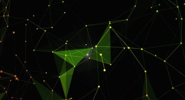 Bağlı çizgi ve noktalarla soyut pleksus arkaplanı. Geometrik şekilli ve parlayan bağlantıları olan gelecekçi teknoloji kavramı. Bilim veya dijital tasarımlar için çokgen elementlere sahip ağ yapısı.
