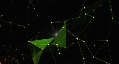 Birbirine bağlı yeşil ve sarı çizgiler ve koyu arkaplan üzerindeki noktalardan oluşan modern soyut bir pleksus arkaplanı. Teknoloji, bilim, veri bağlantısı ve yenilik gibi kavramları temsil eder. Dijital projeler ve modern des için harika