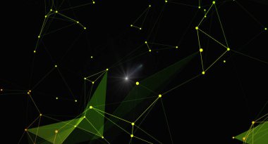 Parlak bağlantıları ve ışık patlaması olan bir pleksus ağının olduğu soyut bir arka plan. Geometrik tasarım teknoloji, veri ve gelecekçi kavramları akla getiriyor. Modern ve rakam gerektiren arkaplan, sunum ve tasarımlar için mükemmel.