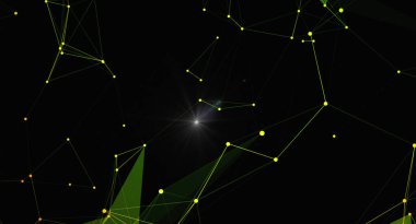 Fütürist soyut bir arkaplan, siyah bir arkaplan karşısında sarı noktalı bir ağ içerir. Teknoloji, bilim ve dijital iletişimi temsil eden bu resim, yenilik ve bağlantı hissini iletir. Görseller için ideal