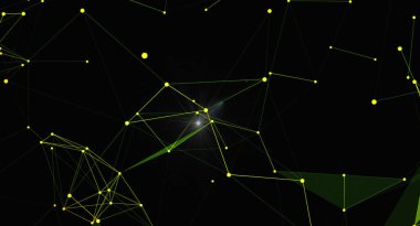 Parıldayan noktalar ve çizgilerle soyut fütüristik arka plan. Veri, ağ, teknoloji, bilim ve iletişim kavramı. Çokgen yapısı olan dijital bir arkaplan. Sunumlar, web siteleri ve grafikler için modern tasarım ögesi.