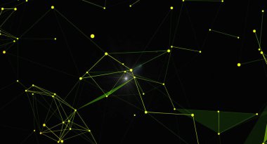 Ağ bağlantısı olan soyut teknoloji geçmişi. Dijital veri görselleştirme kavramı. Çizgilerle birbirine bağlı parlayan düğümler modern, fütüristik ve birbirine bağlı bir dünyayı temsil ediyor. Bilim, teknoloji ve iş konuları için ideal.