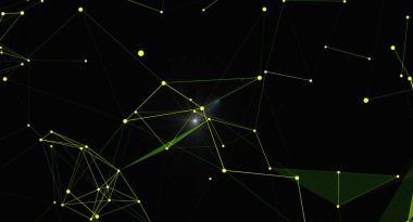Noktaları ve çizgileri birleştiren soyut fütüristik arka plan. Siyah arka planda sarı ve yeşil renkli. Bilim, teknoloji, iletişim, ağ, bağlantı, veri, bilim kavramı. Modern tasarım ve arkaplan.