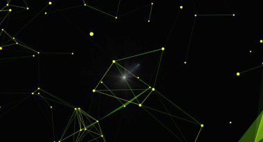 Birbirine bağlı çizgiler ve noktalardan oluşan bir ağ karanlıkta parlayarak teknoloji, bilim veya fütüristik kavramların soyut bir temsiline benzer. Tasarım temiz ve modern, çeşitli arka planlar için uygun..