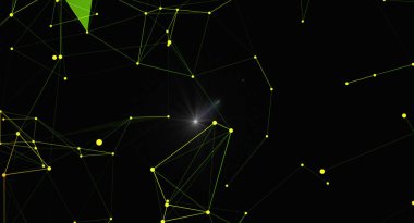 Parlayan noktalar ve çizgilerle soyut ağ arkaplanı geometrik bir yapı oluşturuyor. Bu illüstrasyon dijital bir bağlantıyı, gelecekteki teknolojiyi ve modern iletişimi temsil eder..