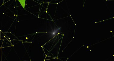 Bir ağ oluşturmak için birbirine bağlı parlak çizgiler ve noktalardan oluşan fütüristik soyut bir arkaplan. Bu dinamik tasarım teknolojinin, bilimin, verinin ve bağlanabilirliğin temalarını karanlık bir arkaplana karşı iletir. Merkezi işaret fişeği bir odak noktası ekler.