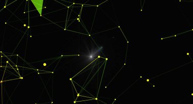 Karanlık bir arkaplan karşısında ışıldayan noktalar ve çizgilerden oluşan bir ağ içeren görsel olarak çarpıcı soyut bir arkaplan. Bu modern grafik, bağlantı, teknoloji ve fütüristik tasarımlar, dijital projeler ve yaratıcı sunum için ideal kavramları çağrıştırır.