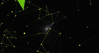 Çarpıcı bir soyut resim, siyah bir arkaplana karşı birbirine bağlı noktalar ve çizgilerden oluşan geometrik bir ağ içeriyor. Parlayan bağlantılar teknoloji, veri akışı ve modern iletişim sistemlerini gösteriyor. Yenilikleri ve geleceği aktarmak için mükemmel.