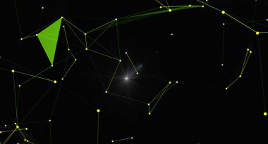 Yeşil ve sarı bağlayıcı çizgiler ve siyah noktalar içeren soyut bir arkaplan. Işık efektli bir ağ bağlantısı. Teknoloji, bilim ya da gelecekteki projeler için harika..