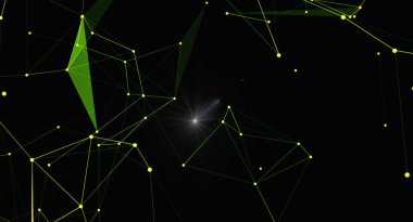 Bağlı çizgiler ve parlayan düğümlerle soyut pleksus arkaplanı. Bu resim, birbirine bağlı çizgilerle modern ve fütüristik bir tasarıma ve koyu bir arkaplana karşı canlı yeşil bir renge sahip noktalara sahiptir. Parlayan düğümler bir derinlik hissi yaratır.
