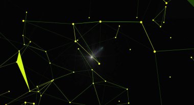 Ağ bağlantı çizgileri ve noktalarıyla soyut pleksus arkaplanı. Parlayan ışık efektleri olan gelecekçi teknoloji konsepti. Bağlı düğümler ve geometrik şekillerle dijital veri görselleştirmesi.