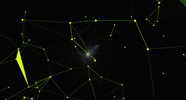 Parlak noktalar ve çizgilerle soyut ağ bağlantısı arkaplanı. Dijital teknoloji konsepti. Bağlı düğümlere sahip gelecekteki yapı, bilim, teknoloji veya iletişim temaları için harika.