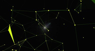 Çarpıcı bir soyut illüstrasyon, koyu arkaplanda ışıldayan çizgiler ve noktalardan oluşan bir ağ içerir. Bu görüntü dijital bağlantıyı, teknolojik yeniliği ve modern iletişimi temsil eder. Fütüristik tasarım ve geometrik şekiller bir seneyi çağrıştırıyor.