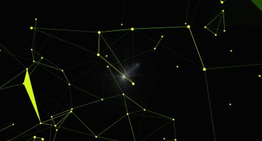 Karanlık arkaplanda soyut ağ bağlantı yapısı. İletişim teknolojisi konsepti. Çokgen şekiller, noktalar ve çizgiler. Fütürist tasarım. Vektör illüstrasyonu.