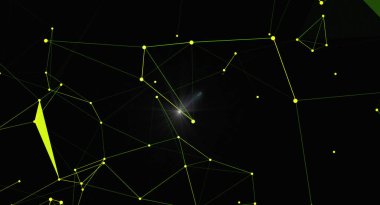 Parlak çizgiler ve koyu bir arkaplanda noktalar olan bir ağ bağlantısına sahip modern soyut bir arkaplan. Teknoloji, bilim, veri ve gelecekteki tasarımlar ile ilgili kavramların taşınması için idealdir..