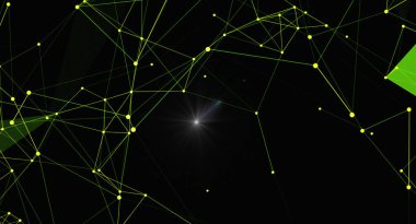 Siyah bir zemin üzerinde parlayan çizgi ve noktalardan oluşan modern bir soyut arkaplan. Bu resim fütüristik teknoloji, veri iletişimi ve birbirine bağlı sistemlerin bilim, teknoloji ve o 'da kullanımına uygun olduğu hissini iletir.