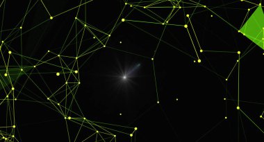 Karanlık bir zemin üzerinde parlayan düğümler ve çizgiler bulunan geometrik bir ağ içeren modern bir soyut arkaplan. Teknoloji, veri bilimi veya dijital iletişim kavramlarını resmetmek için ideal.