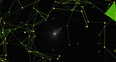 Merkezinde parlayan bir yıldız olan soyut geometrik ağ arkaplanı. Teknoloji, bilim ya da fütüristik tasarımlar için resimleme konsepti. Siyah zemin üzerinde karmaşık bir ağ üzerinde çokgen çizgiler ve noktalar bağlar.