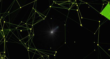Parlayan yeşil çizgiler ve sarı veri noktalarıyla siyah bir arkaplan üzerinde dinamik ve soyut bir ağ arkaplanı. Dijital dünyada bağlantı, teknoloji ve bilgi akışını temsil eder. Fütüristik, teknolojik veya bilimsel görüş için ideal