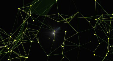 Soyut bir geometrik ağın dijital bir çizimi. Parlak çizgiler ve noktalar karanlık bir arkaplanda birleşerek geleceksel ve teknolojik bir konsept oluştururlar. Veri, iletişim, bilim ve modern tasarım için mükemmel.