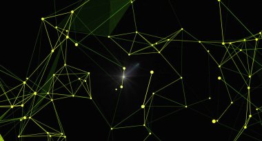 Bağlı bir ağın soyut görüntüsü. Sarı düğümler ve çizgiler karanlık bir arkaplan karşısında karmaşık, çokgen bir yapı oluşturur. Görüntü bağlantıları, teknolojiyi ve dijital dünyayı temsil ediyor..