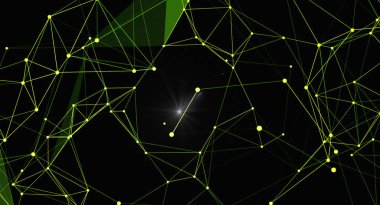 Noktaları ve çizgileri birleştiren soyut geometrik ağ arka planı. Dijital fütüristik kavram. Teknoloji, iletişim ya da bilim sunumları ve tasarımları için kullanılabilir. Bağlantı yapısı koyu yeşil renkte.