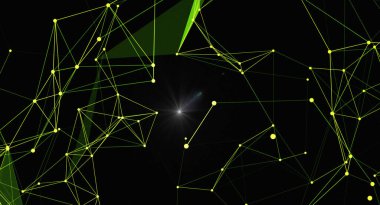 Noktaları ve çizgileri birleştiren soyut geometrik arkaplan. Görüntü, karmaşık bir sistem veya bağlantıyı işaret eden siyah bir zemin üzerinde yeşil ve sarı çizgilerden oluşan bir ağ ve noktalardan oluşuyor. Teknoloji, bilim veya veri güdümlü tasarımlar için uygundur.