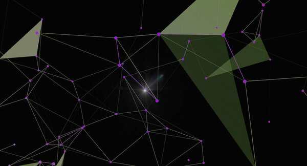 Abstract geometric network background with connecting lines and nodes. Futuristic technology concept. Digital communication and information transfer illustration. Complex system structure and wireframe on dark backdrop.