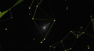 Karanlık bir arka planda parlayan düğümleri ve çizgileri olan soyut bir geometrik ağ. Modern teknoloji, veri bilimi ve dijital bağlantıyı temsil ediyor. Sunumlarda, web sitelerinde ve tasarım projelerinde kullanım için harika.