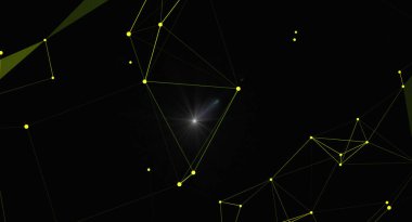 Bağlı nokta ve çizgilerle soyut geometrik ağ arkaplanı. Parlak merkezi işaret fişeği bağlantıları vurguluyor, karanlık bir zemin üzerinde fütüristik teknoloji ve dijital iletişim hissi yaratıyor.
