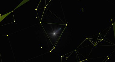 Ağ bağlantılarıyla soyut arkaplan. Geometrik şekiller ve karanlık uzayda parlayan noktalar. Teknoloji, bilim, veri ve gelecekteki yenilikler için kavram.