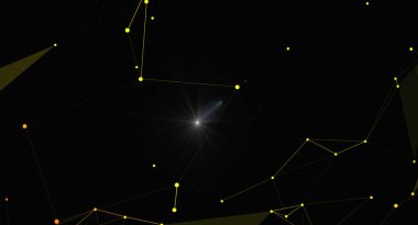 Koyu bir zemin üzerinde altın düğümler ve çizgilerden oluşan bir ağ barındıran soyut bir illüstrasyon. Bu görüntü teknoloji, bağlantı, veri ve kainat temalarını çağrıştırıyor. Modern ve gelecekçi tasarımlar için uygundur..