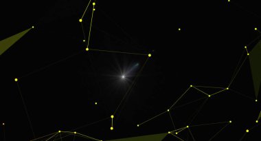 Çizgilerle birbirine bağlı parlak düğümlerle soyut arkaplan. Ağ bağlantılarını, veri iletimini ya da gelecekteki teknolojiyi temsil eder. Bilim, teknoloji veya grafik tasarım projeleri için kullanışlı.